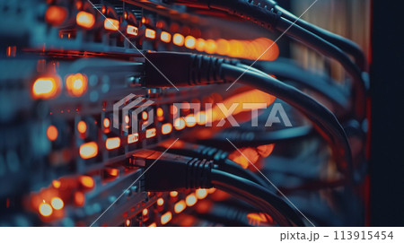 A bunch of cables are lit up and it looks like a computer network A bunch of cables are lit up and it looks like a computer network 113915454