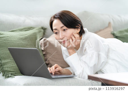 リビングでパソコンを使う女性 113916297
