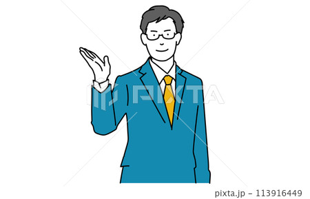 スーツを着て紹介をする男性のイラスト スーツを着て紹介をする男性のイラスト 113916449