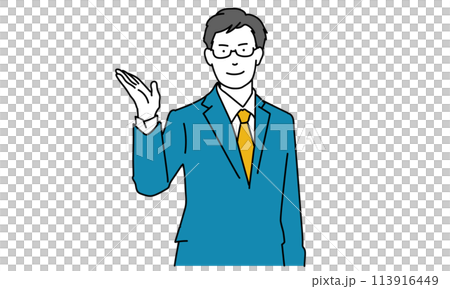 スーツを着て紹介をする男性のイラスト スーツを着て紹介をする男性のイラスト 113916449