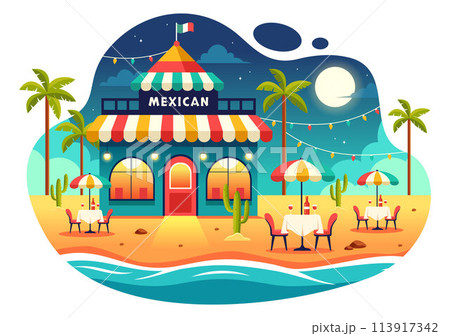 Mexican Food Restaurant Vector Illustration with Various of Delicious Traditional Cuisine Tacos, Nachos and Other on Flat Cartoon Background 113917342