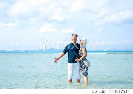 夫婦旅行－ 南国リゾート旅行をするシニア夫婦。沖縄うるま方面 海中道路  113917534