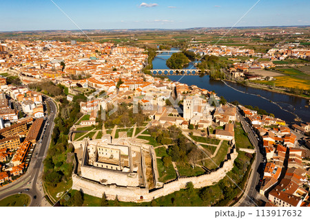 Drone photo of Dureo riverside, residential buildings along river 113917632