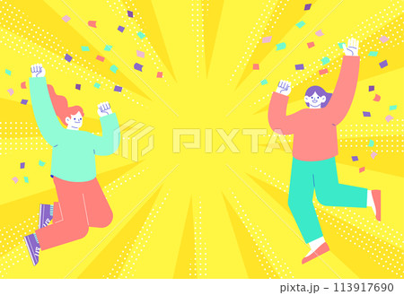 紙吹雪が舞う中でジャンプして喜ぶ女性達のイラスト　放射状のサンバースト背景 113917690