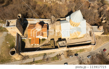 Scenic view from Ananuri fortress on Aragvi river and Zhinvali reservoir in spring 113917723