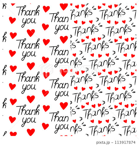 Thank you Thanks Handwriting lettering with decorative elements and red heart shape Seamless pattern 113917874