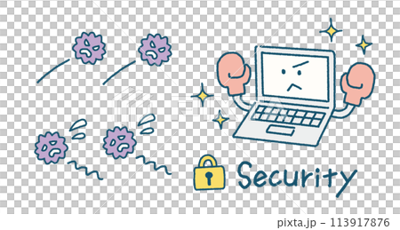 Hand-drawn illustration of a computer using security software to protect against computer viruses Hand-drawn illustration of a computer using security software to protect against computer viruses 113917876