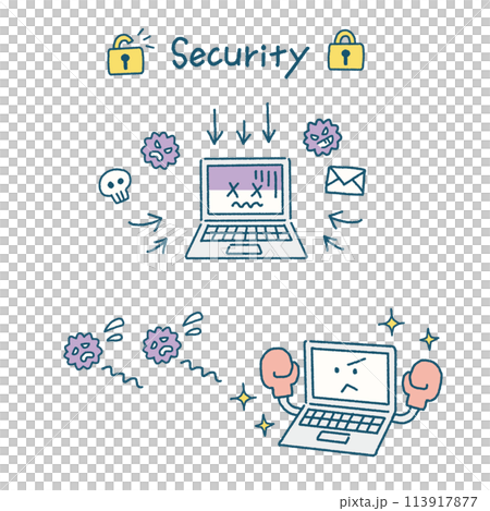 感染電腦病毒的電腦和使用安全軟體防止病毒的電腦的手寫插圖 113917877