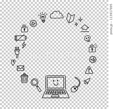 Monochrome computer handwritten icon set frame Monochrome computer handwritten icon set frame 113917895