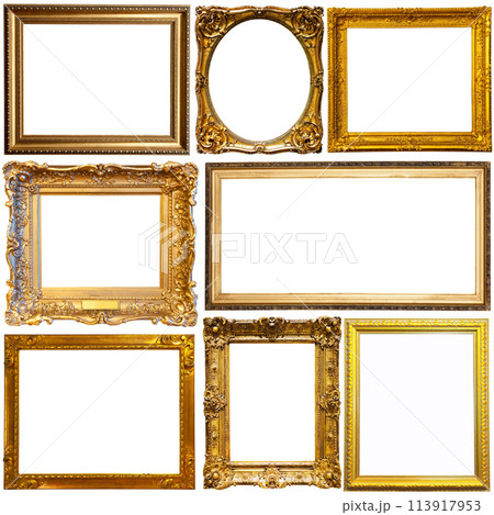 Collection of old empty art frames in different shapes isolated 113917953