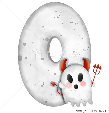 Watercolor painting of the number zero little ghost for Halloween. 113918271