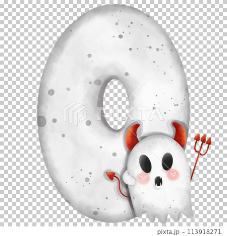 Watercolor painting of the number zero little ghost for Halloween. 113918271