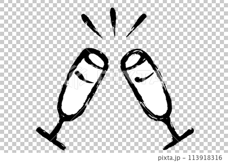Hand drawn line drawing illustration of champagne glasses toasting Hand drawn line drawing illustration of champagne glasses toasting 113918316