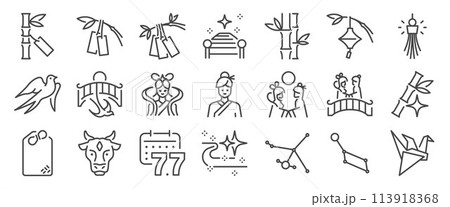Tanabata icon set. It includes stars, swallows, Japanese, festivals, charms, blessing cards, and more icons. Editable Vector Stroke. Tanabata icon set. It includes stars, swallows, Japanese, festivals, charms, blessing cards, and more icons. Editable Vector Stroke. 113918368