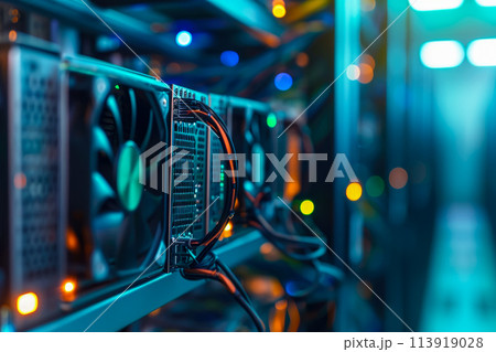 close-up of a cryptocurrency mining rig in a data center. The rig is powerful and efficient, and there are other rigs in the background 113919028