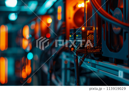 close-up of a cryptocurrency mining rig in a data center. The rig is powerful and efficient, and there are other rigs in the background 113919029