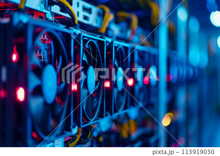 close-up of a cryptocurrency mining farm. The farm is large and efficient, and there are other farms in the background 113919030