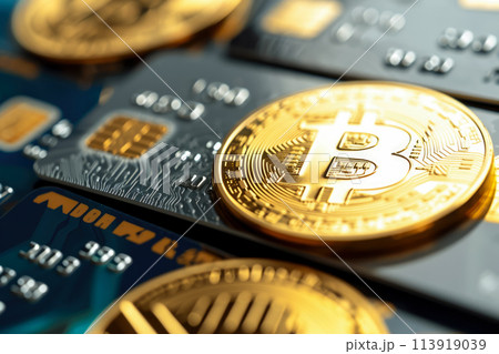 close-up of a cryptocurrency debit card. The card is sleek and modern, and there are other cards in the background close-up of a cryptocurrency debit card. The card is sleek and modern, and there are other cards in the background 113919039
