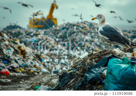 landfill overflowing with garbage. The garbage is piled high, and there are seagulls and rats scavenging for food 113919086