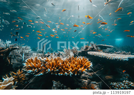 coral reef damaged by pollution. The coral is bleached and dying, and there are fish swimming around it 113919197