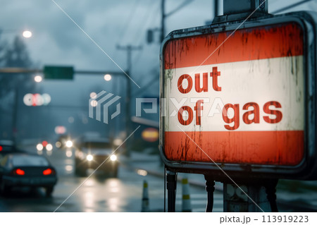 close-up of a gas station with a sign that reads "out of gas" 113919223