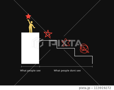 A man stands on a stage with hidden stairs behind him showing a red star. 113919272