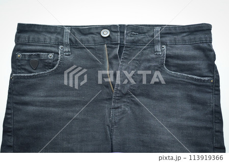 black denim clothing texture background, front of pants fashion with zip black denim clothing texture background, front of pants fashion with zip 113919366