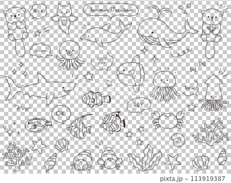 かわいい海の生き物のベクターイラストセット。海、水族館、線、線画 かわいい海の生き物のベクターイラストセット。海、水族館、線、線画 113919387