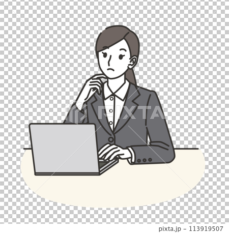 A woman in a suit thinking while using a computer 113919507