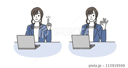 パソコンと指差しポーズ・OKポーズをするオフィスカジュアルコーデの女性 パソコンと指差しポーズ・OKポーズをするオフィスカジュアルコーデの女性 113919509