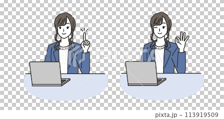 パソコンと指差しポーズ・OKポーズをするオフィスカジュアルコーデの女性 パソコンと指差しポーズ・OKポーズをするオフィスカジュアルコーデの女性 113919509