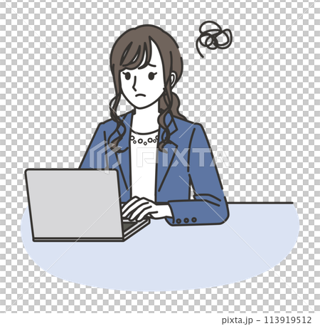 A woman in office casual clothes having trouble using a computer 113919512