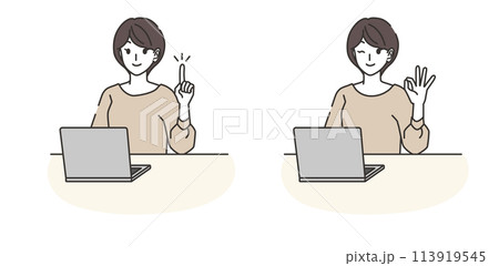 パソコンと指差しポーズ・OKポーズをする女性 113919545