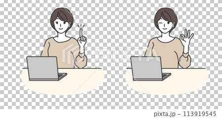 A woman pointing at a computer and making an OK pose 113919545
