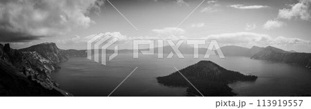 Panoramic view of Crater Lake and Wizard Island in Oregon Panoramic view of Crater Lake and Wizard Island in Oregon 113919557