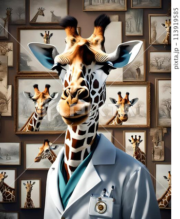 Giraffe Wearing Doctors Coat in Front Of. Generative AI 113919585