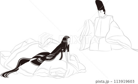 線画の「平安」王朝風の男女のイラスト。日本の民族衣装「狩衣」の男性と「袿」の女性 113919603