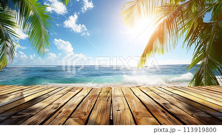 Wooden table for product presentation with sea view with palm leaves and blue sky. 113919800