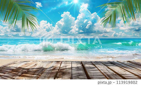 Wooden table for product presentation with sea view with palm leaves and blue sky. 113919802