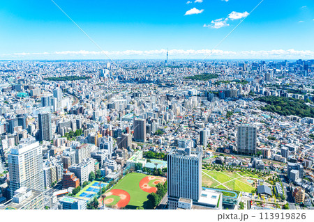 【東京都】サンシャイン60ビルの展望台から見た東京スカイツリーと都市風景 113919826