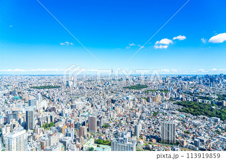 【東京都】サンシャイン60ビルの展望台から見た東京スカイツリーと都市風景 113919859
