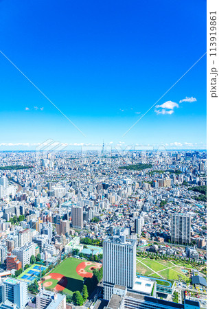 【東京都】サンシャイン60ビルの展望台から見た東京スカイツリーと都市風景 【東京都】サンシャイン60ビルの展望台から見た東京スカイツリーと都市風景 113919861
