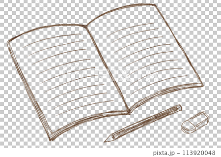 ノートと鉛筆と消しゴムの線画イラスト 113920048
