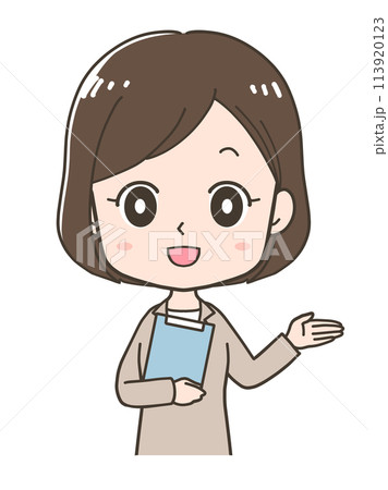 右へ案内をするビジネスウーマンの上半身イラスト 113920123