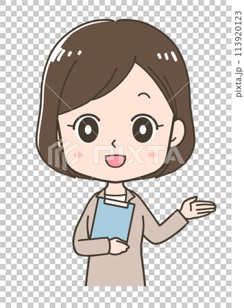 右へ案内をするビジネスウーマンの上半身イラスト 113920123
