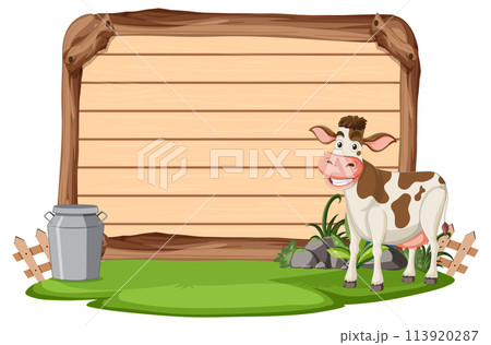 Happy Cow Beside Wooden Signboard 113920287