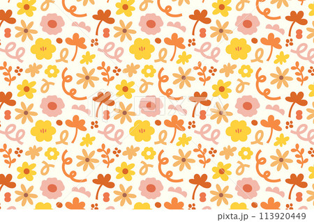 Illustration of autumn flowers and orange leaves for background, autumn, pattern, floral print, spring, picnic, nature, garden, fabric print, textiles, garment, gift wrap, paper design, packaging 113920449