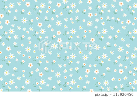 Illustration of white daisy flowers on a pastel green background for summer pattern, floral print, spring, picnic, nature, garden, fabric print, textiles, garment, gift wrap, paper design, packaging 113920450