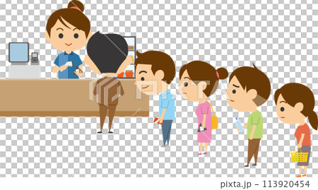 擁擠的便利商店收銀機的圖像插圖 113920454