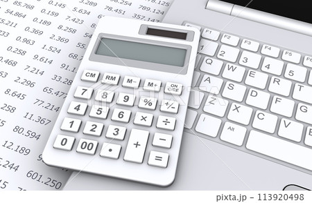 電卓とノートパソコンと数字、データの集計シーン 113920498